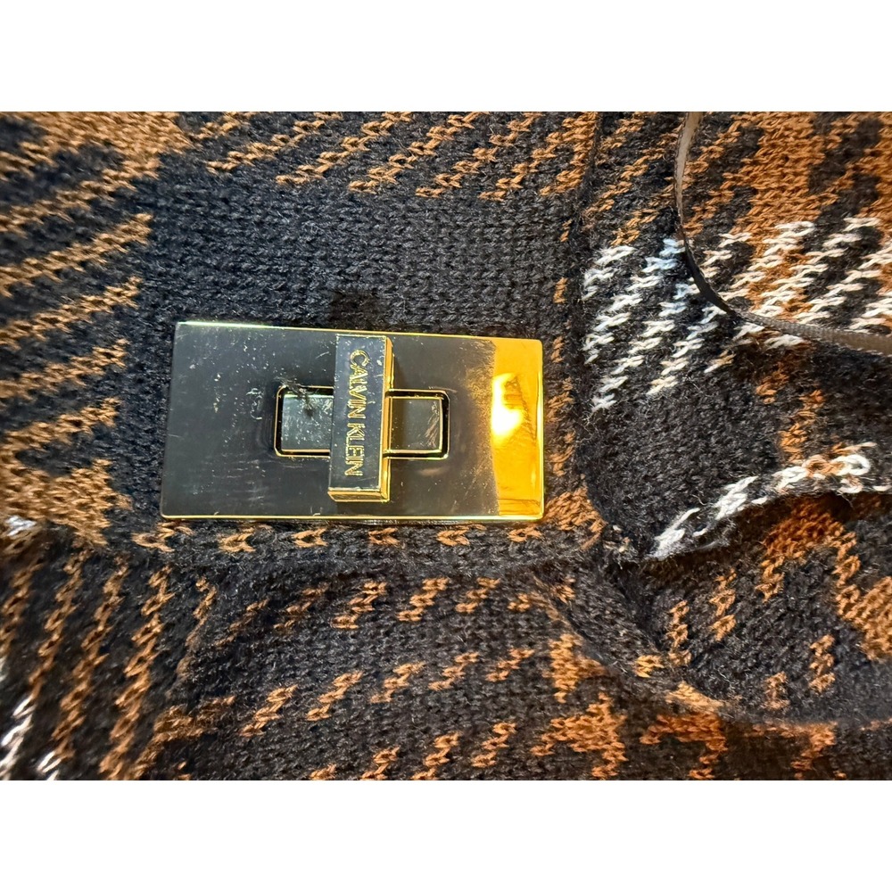 Calvin Klein Womens Plaid Knit Cape Mock Neck Turn-Lock Clasp Black Brown L/XL - Picture 3 of 5